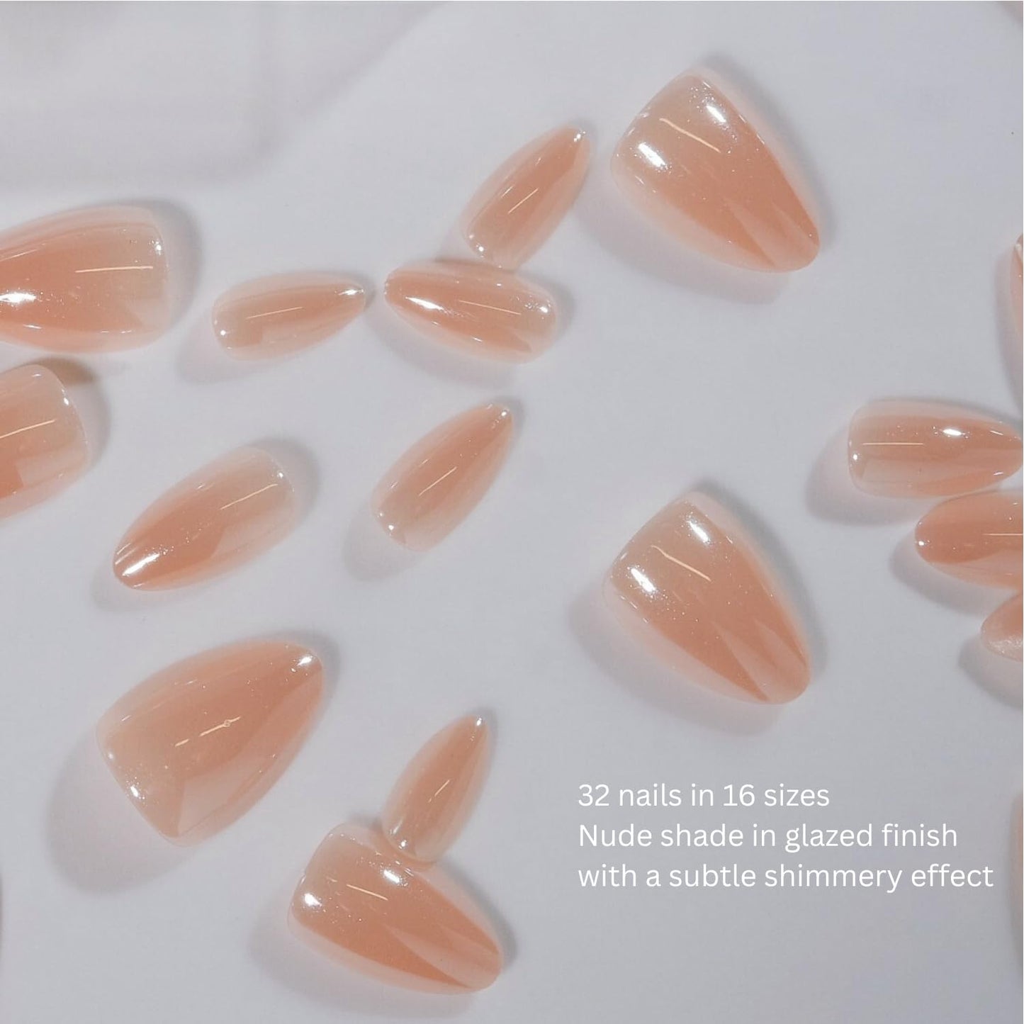 LAMIMOSA 32Pcs Chrome Press On Nails Short Almond - Soft Gel Fake Nails in 16 Sizes, Reusable Glue on Nails with Shimmery Effect, GLAZED DREAM