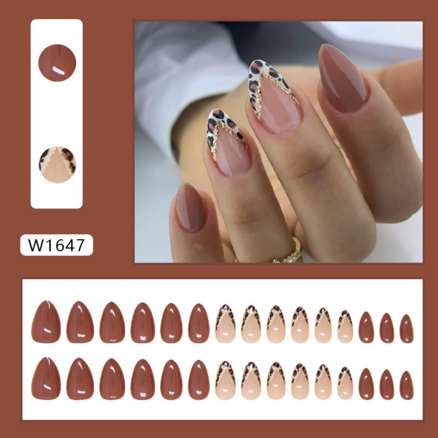 Valentine Short Almond Press on Nails French Tip Fake Nails Brown Leopard Print with Gold Glitter Design Full Cover Acrylic Nails Removable Artificial Stick on Nails for Women 24 Pcs