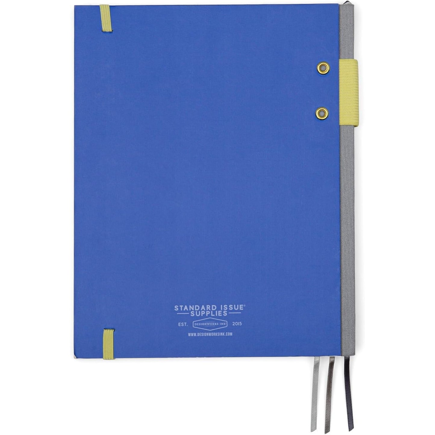 DesignWorks Ink Standard Issue Notebook No. 3, Undated Daily Planner & Writing Journal, 192 Lined Pages, Pen Holder, Small Notebook for Work & Journaling, 6.75 x 8.5 in, Cobalt & Citron