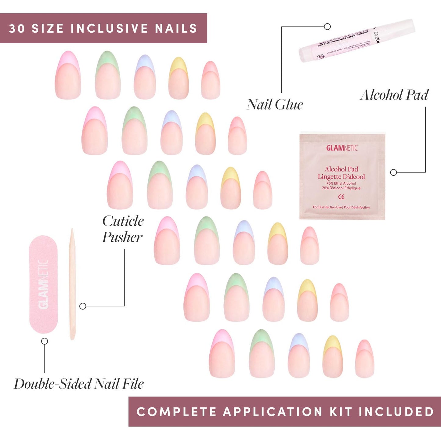 Glamnetic Press-On Nails Bundle - Bailey, Hailey & Confetti | Medium Square Fake Nails, Sheer White Glazed | Glazed Short Almond False Nails | Glossy Short Almond Pastel French Tips