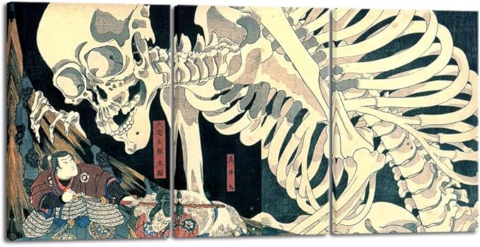 Wieco Art 3 Piece Witch and Skeleton Ukiyo-E by Utagawa Takiyasha Historic Cultural Illustrations for Living Room Bedroom Home Decorations Landscape Artwork