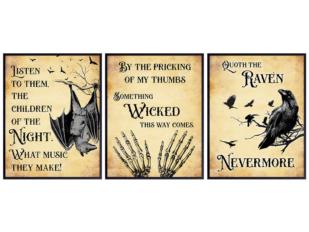 Vampire Bat, Edgar Allan Poe, The Raven Quotes Set - Creepy Spooky Bram Stoker Dracula, Shakespeare Witch, Witchcraft - Medieval Gothic Home Decor - Funny Bathroom Wall Art & Decor 11x14