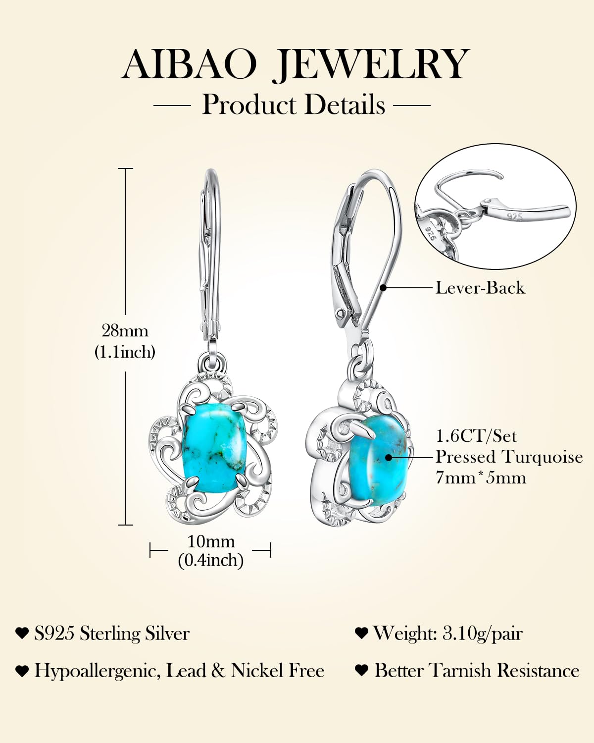 AIBAO Turquoise Earrings for Women Sterling Silver Blue Gemstone Flower Drop Earrings Native American Jewelry Bohemian Western Turquoise Dangle Earrings
