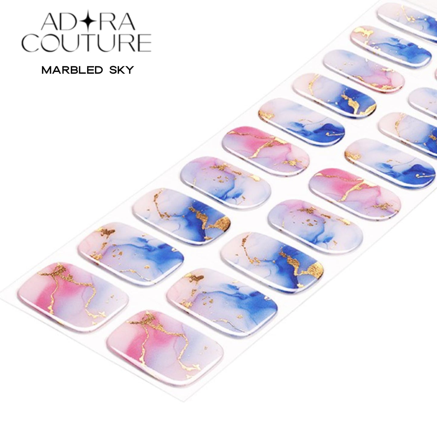 Adora Couture Semi Cured Gel Nail Strips with 20 Pieces - UV Gel Stickers, Manicure Kit, Easy Application Wraps Includes Prep Pads, Nail File, Wooden Stick - UV Light Required (Marbled Sky)