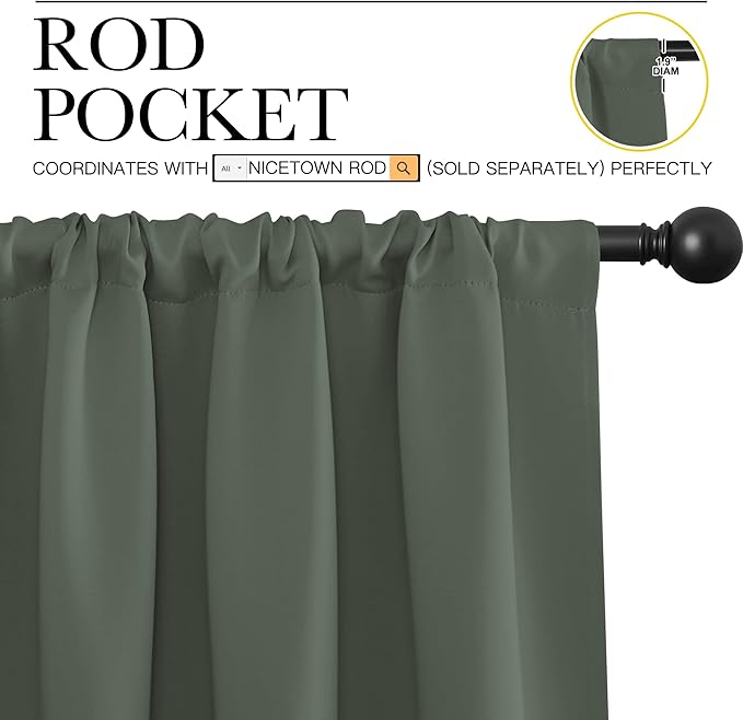 NICETOWN Bedroom Curtains Blackout Draperies - All Season Thermal Insulated Solid Rod Pocket Top Blackout Curtains/Drapes for Kid's Room (Dark Mallard, 1 Pair, 34 x 84 Inch)