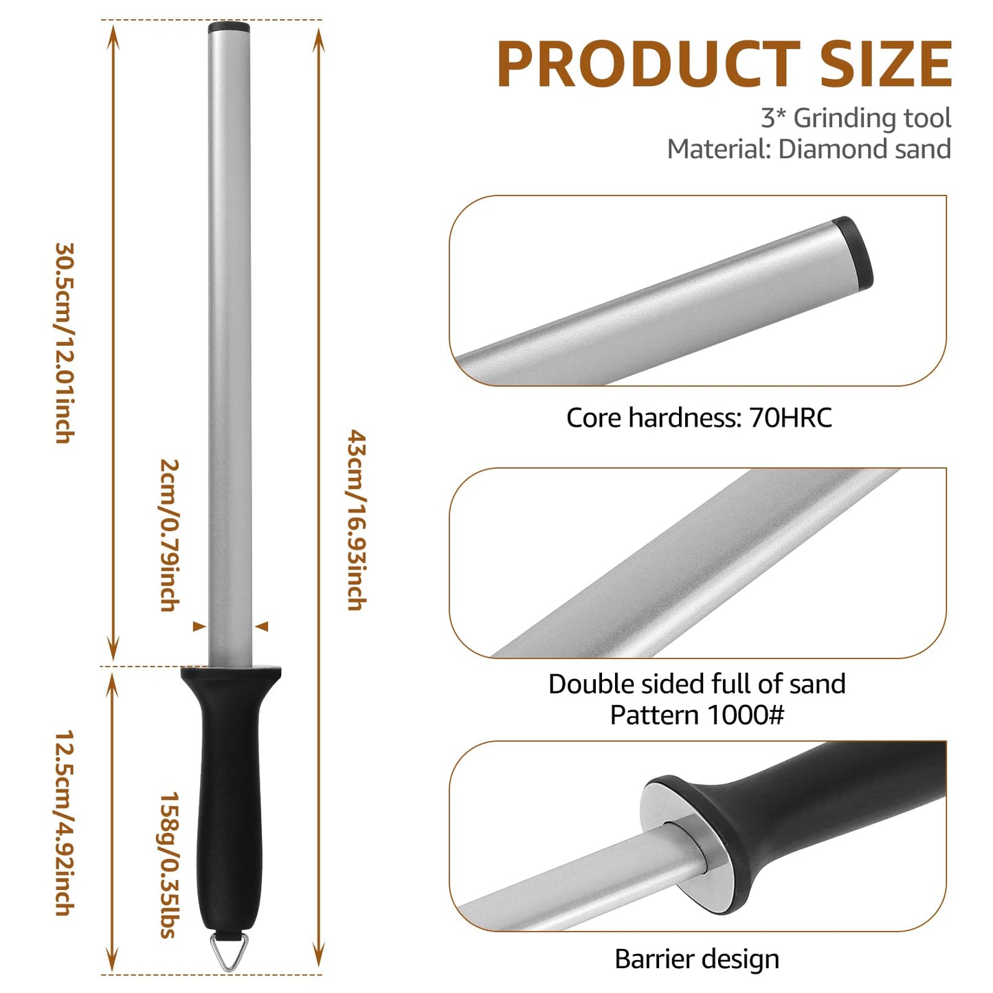 3 Pcs Diamond Sharpening Steel Rod, 12 Inches Diamond Honing Steel Knife Sharpener Rod, 1000 Grit Portable Knife Sharpener Stick for Honing Knives Blade