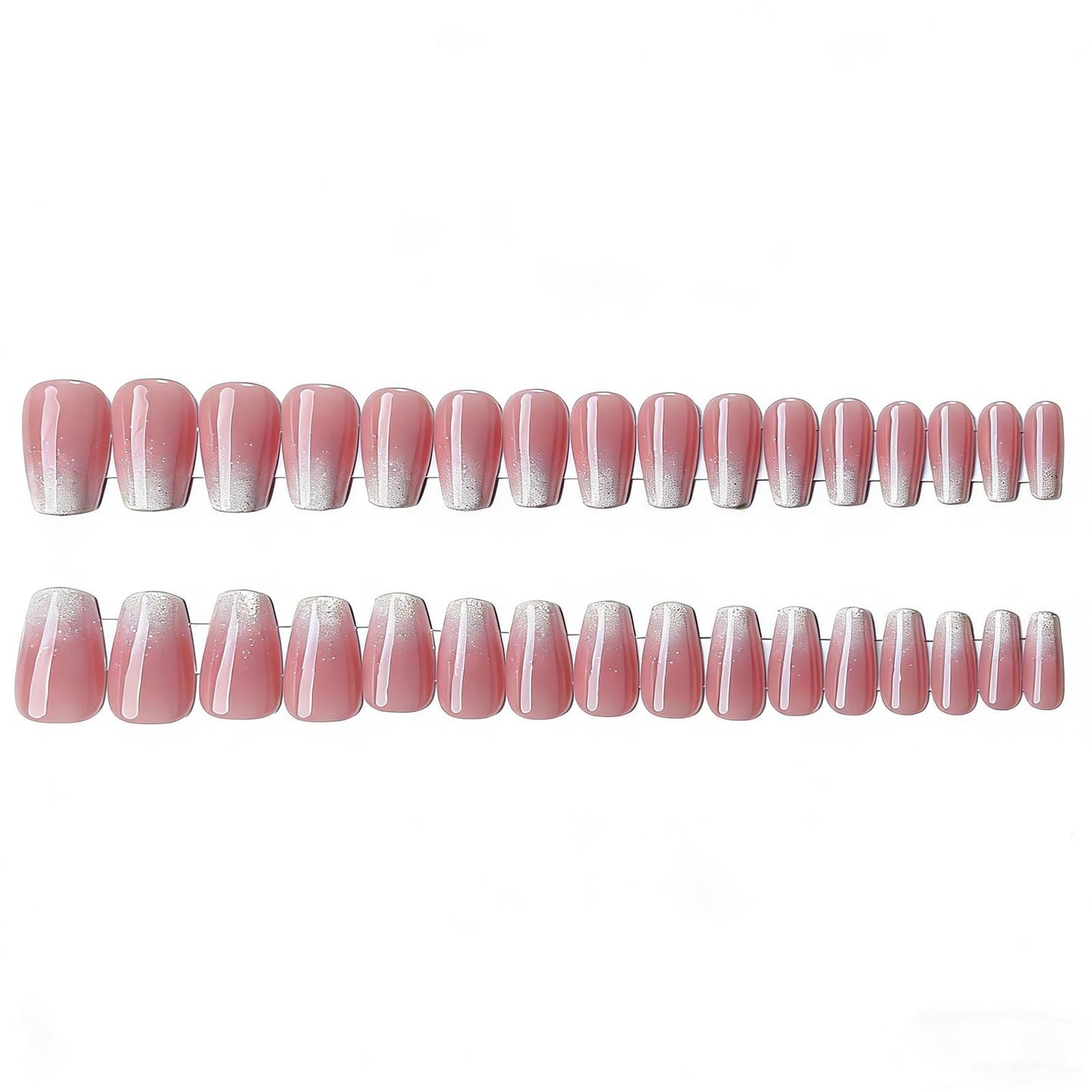 Hkanlre Medium Coffin Press on Nails Bling Fake Pink Nails Tips Full Cover False Nails for Women and Girls 24PCS
