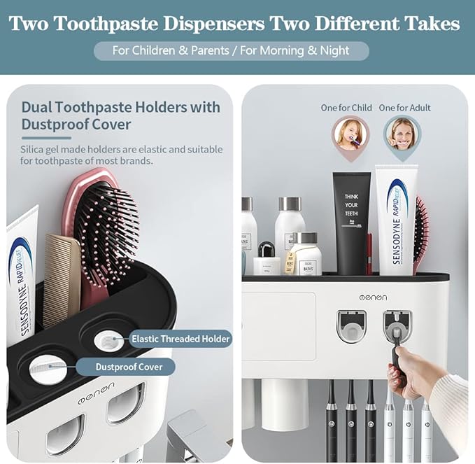 Toothbrush Holders Wall Mounted, Toothbrush Holder with Automatic Toothpaste Dispensers, 6 Brush Slots, 3 Magnetic Cups,1 Cosmetic Drawer Organizer and 1 Large Storage Tray