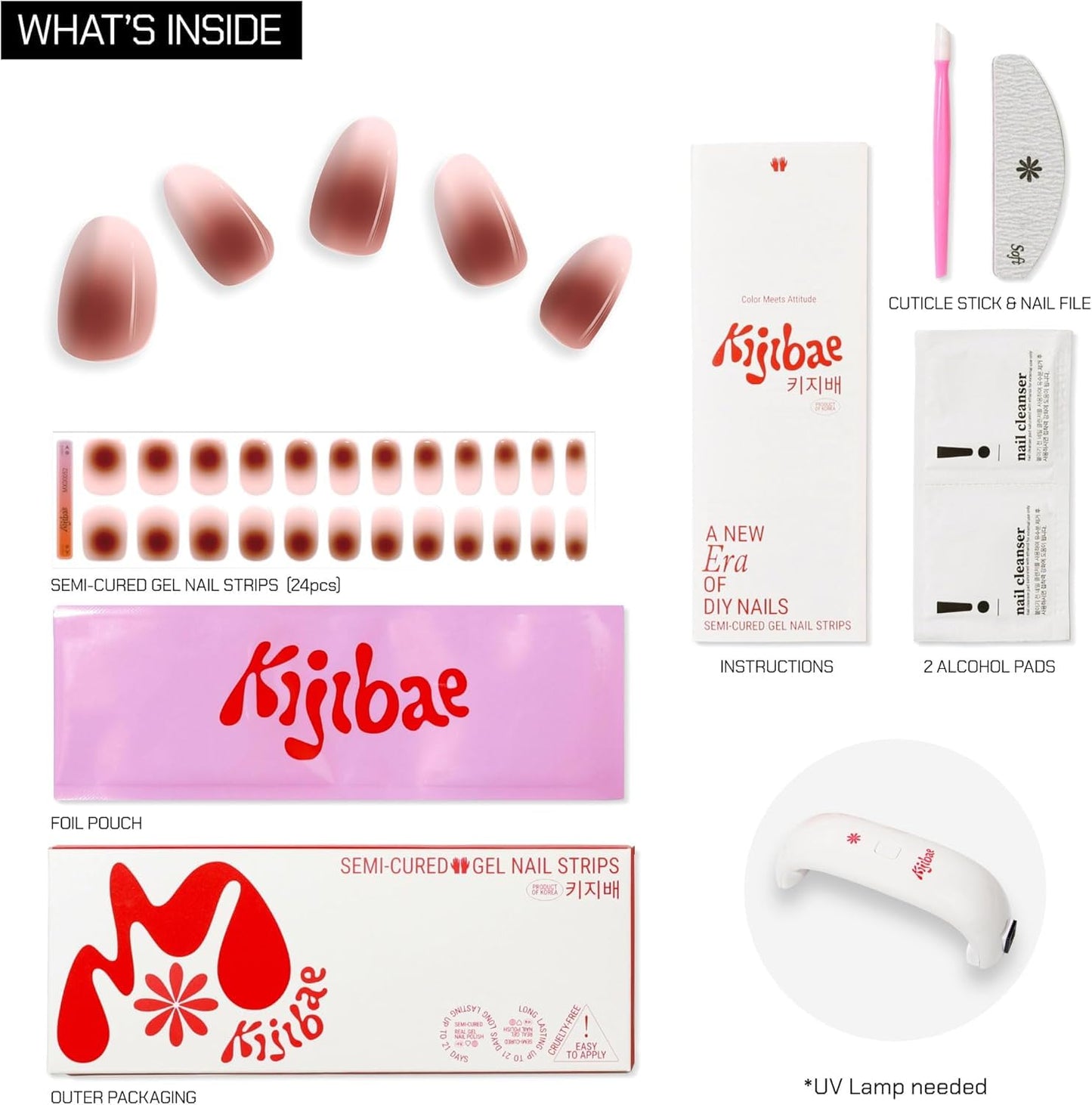 Kijibae Semi Cured Gel Polish Strips | 24pc UV LED Required Wraps | Gift Peel and Stick Nails | Coquette DIY Home Manicure | Press On Alternative (Chocolate Bar)
