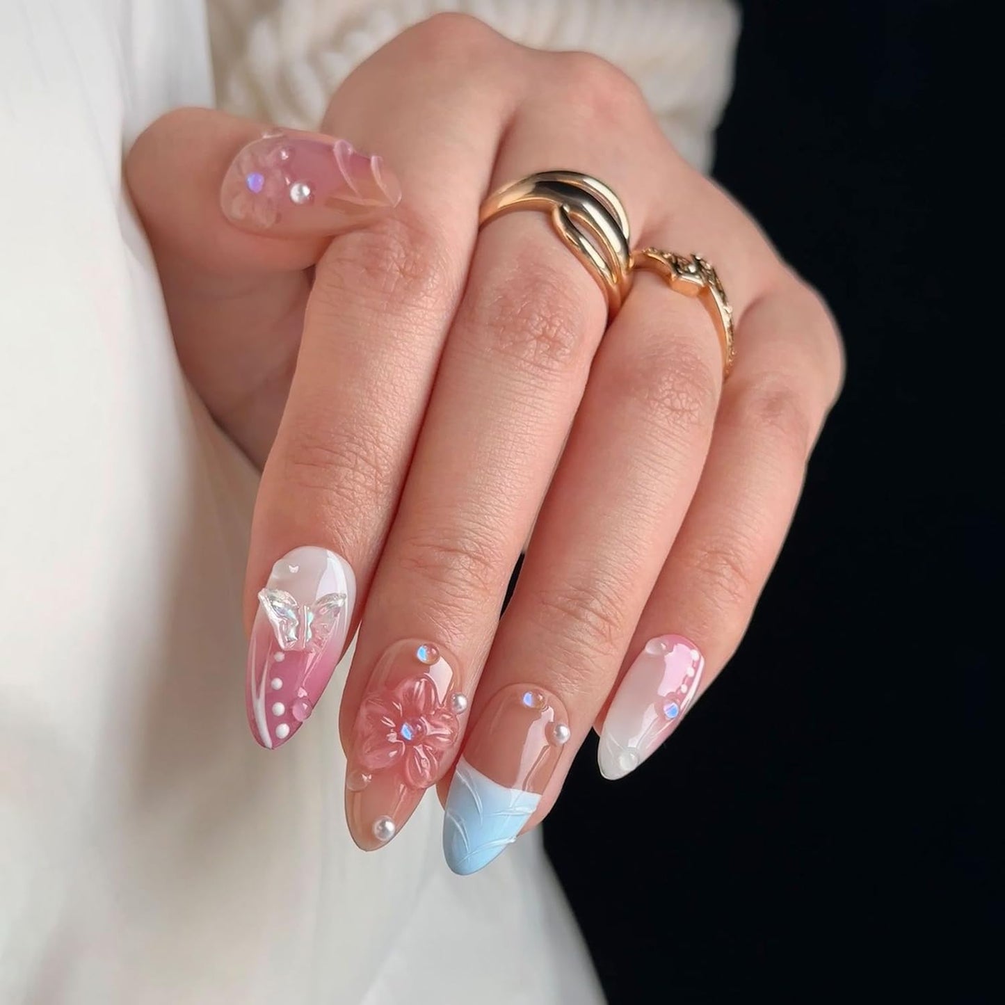 French Press on Nails Handmade Almond Nails Nude Medium Fake Nails with 5D Flower Art & Pear Design Handmade Nail Acrylic Nature False Nails for Wome (Size M)