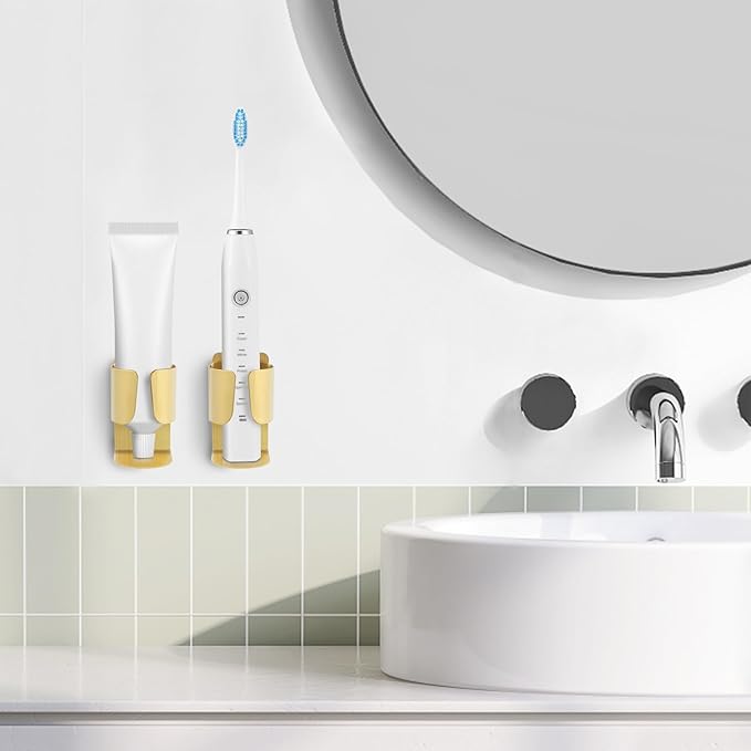 Electric Toothbrush Holder, 304 Stainless Steel Wall Mounted Self Adhesive Storage Organizer Stand Rack for Electric Toothbrush, Toothpaste, Facial Cleanser(Golden 4 Pack)