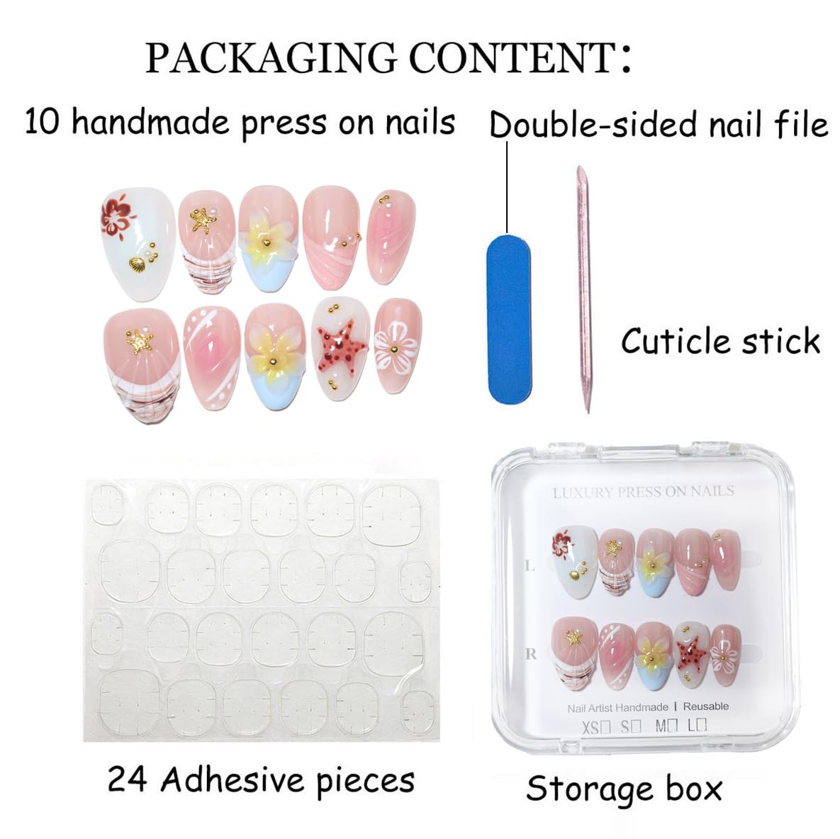 10Pcs Short Almond Handmade Press On Nails | Easy Apply & Remove, Reusable Salon Quality Nails | Fresh Nude Pink Fake Nails with 3D Floral, Starfish & Seashell Accents (RR08, S)