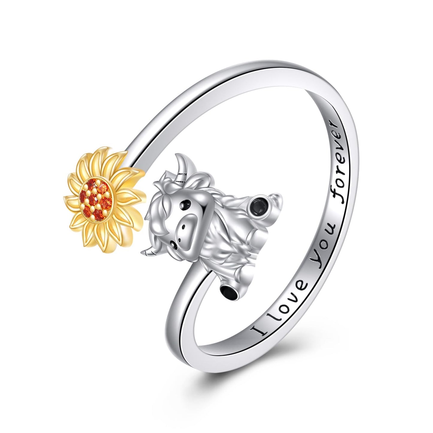 JBAERD Highland Cow Ring Sterling Silver Adjustable Cow Ring Sunflower Animal Jewelry Gifts for Women