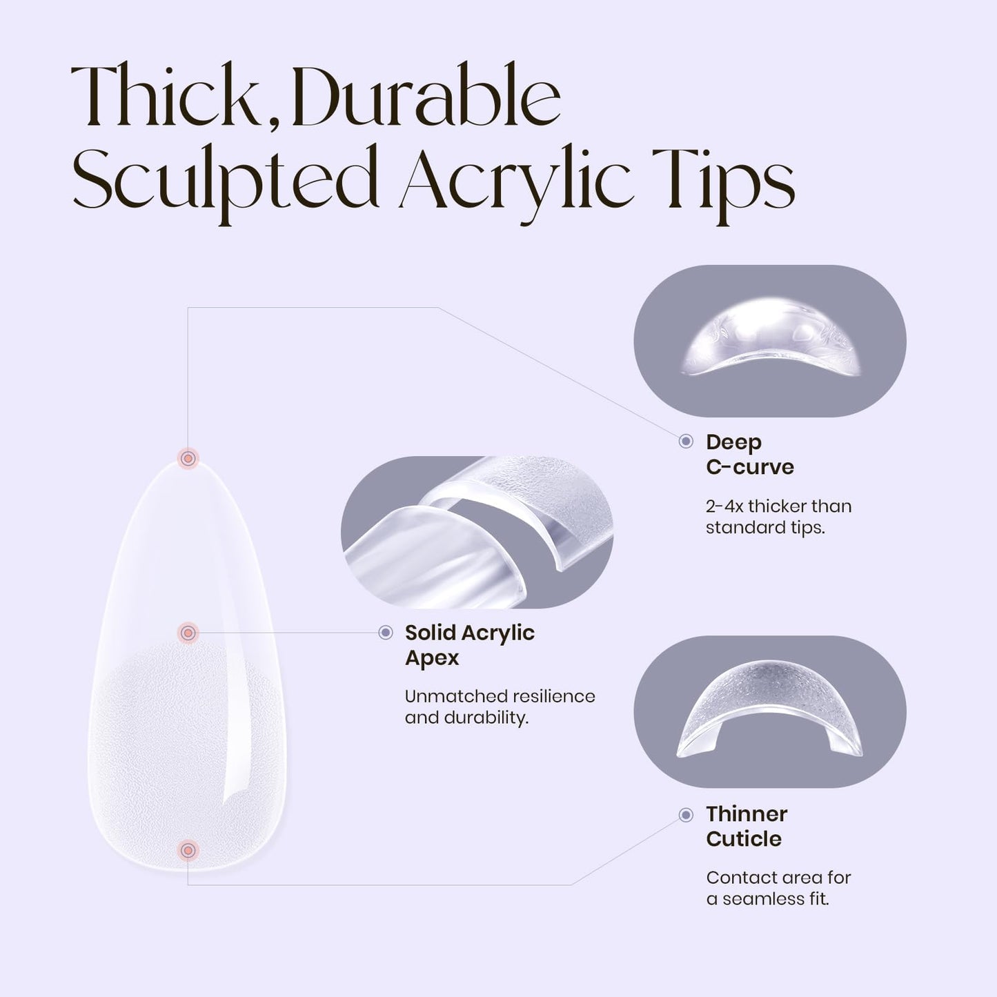 Five Angeles Tipex Instant Apex Nail Tips, Almond Medium Pre-etched Thicker Acrylic Nails, with 15g Tipex Nail Glue,Deep C Curve Matte Underside Press-on Nails, 128pcs 16 Sizes