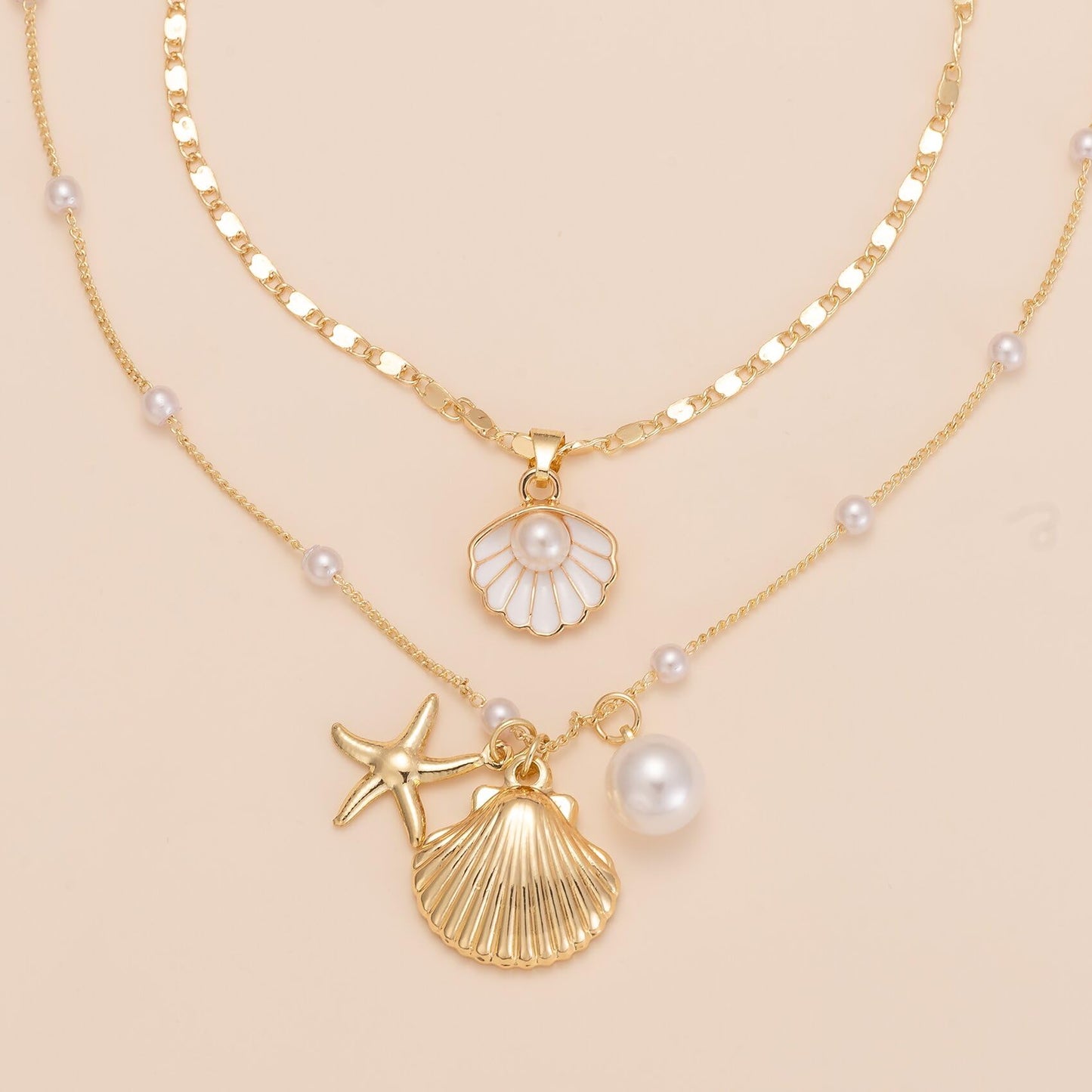 Shell Necklaces for Women 14k Gold Plated Layered Starfish Conch SeaShell Pearl Pendant Charm Necklace Adjustable Stainless Steel Chain Summer Beach Jewelry (Gold Shell)