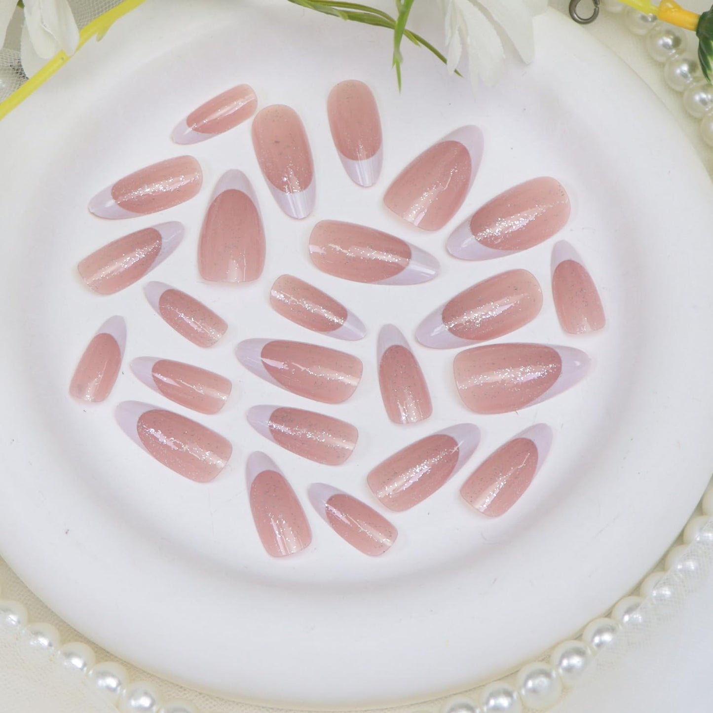 Almond Press on Nails Medium Fake Nails White French Tip Nails Press ons Glossy Glue on Nails with Glitter Designs Light Pink Stick on Nail for Women 24pcs
