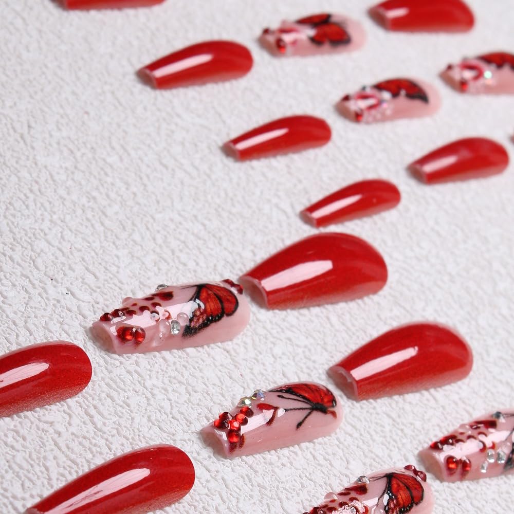 Long Coffin Press on Nails Butterfly Fake Nails Glossy Glue on Nails Red French Tip Acrylic Nail Bling Glitter Artificial Nail 3D Rhinestone Stick on False Nails with Gradient Design 24 pcs