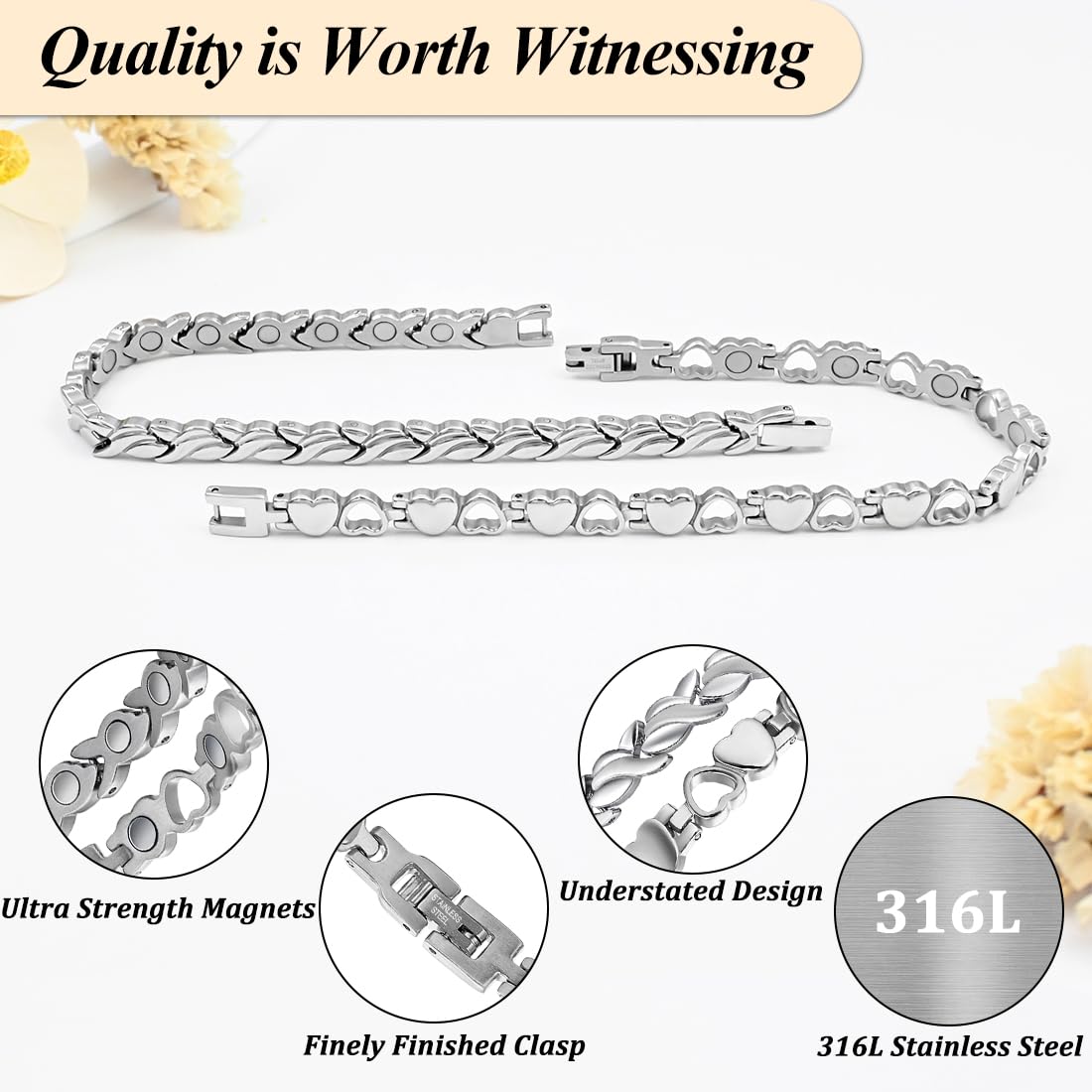 Vicmag Magnetic Titanium Bracelet for Women Steel Jewelry Gift with Adjustment Tool & Box(Silver Fishtail & Heart)