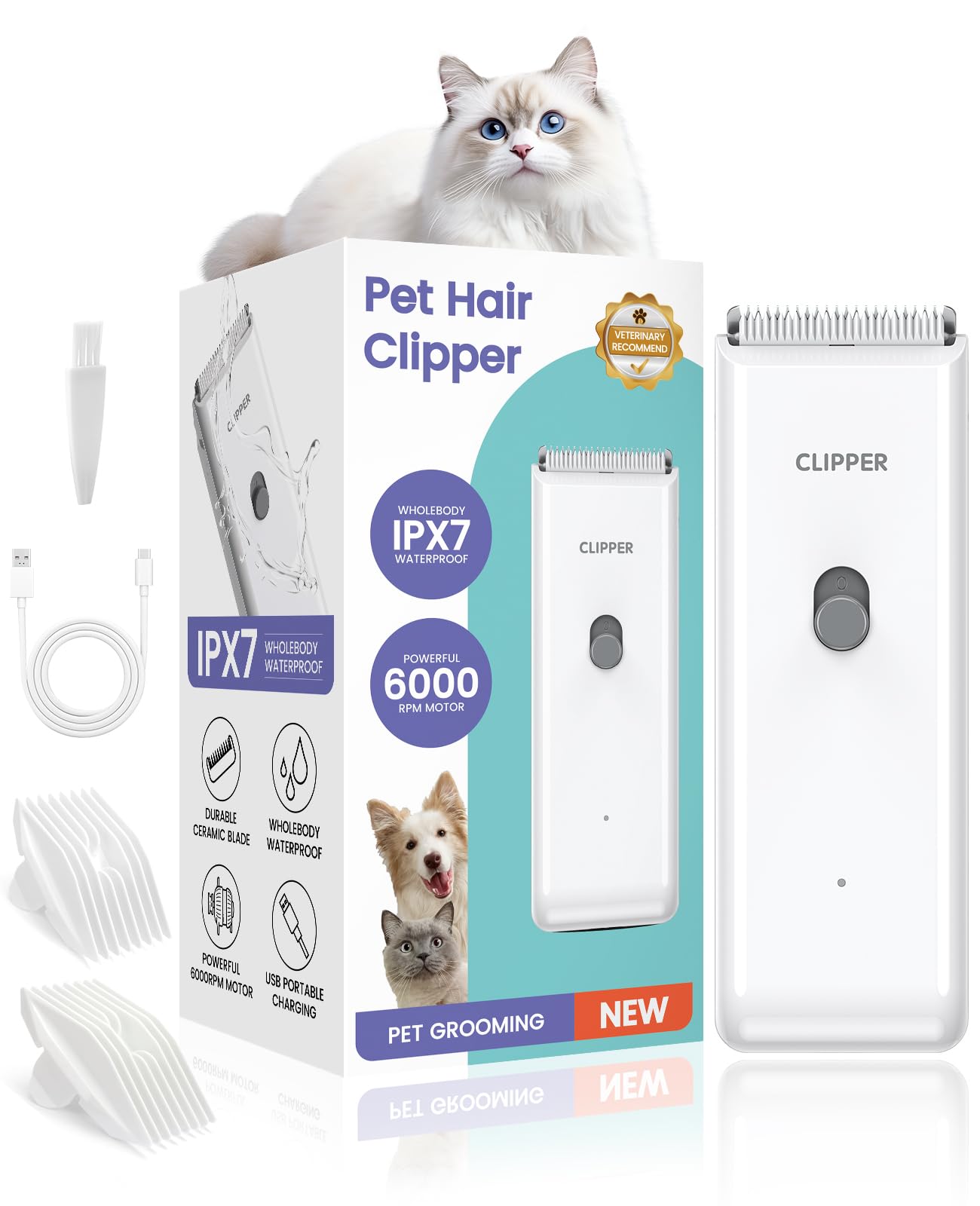 Marvljojo Upgrade Home Professional Dog Grooming Kit Clipper for Matted & Long Hair, Cordless Pet Shaver Low Noise USB Rechargeable for Cats, Small&Medium Dogs, Handy Pet Hair Grooming Trimmer, White