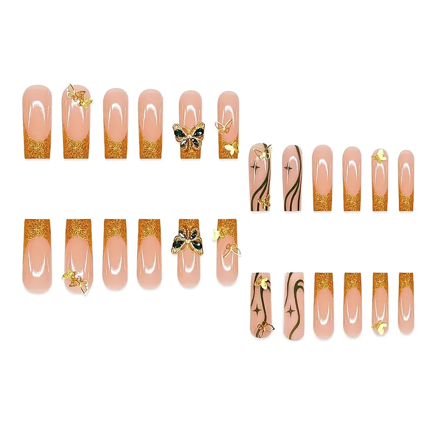 RUOKEXIN Nail Press ons Long Press on Nails Square Fake Nails Gold Glitter French Tip False Nails with 3D Gold Butterfly Designs Long Glue on Nails Fall Artificial Nails Cute Stick on Nails for Women