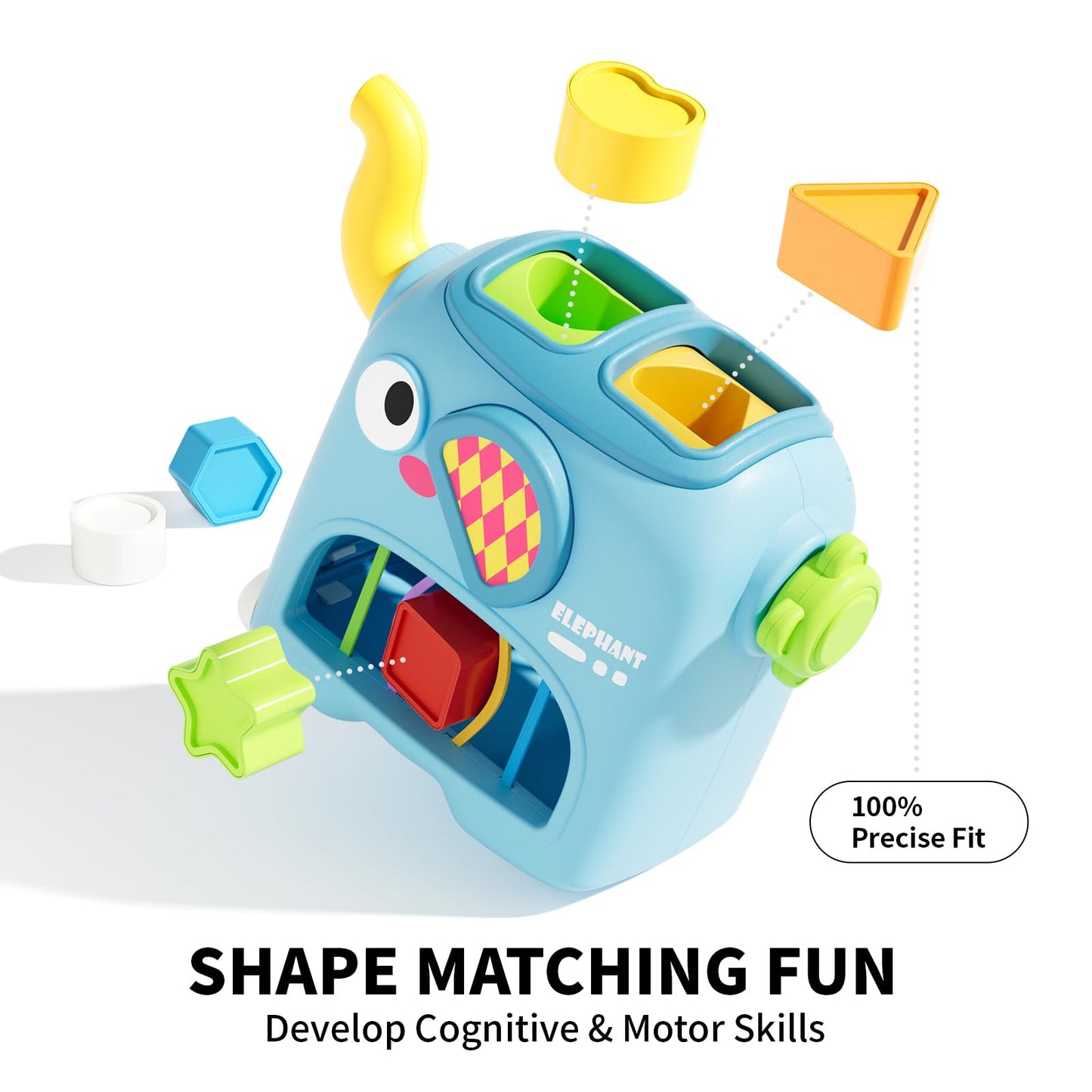 SOCBTNSO Elephant Interactive Shape Sorter Toys for 18 Months+, Montessori Matching & Sorting Toys with 6 Sensory Shape Blocks, Developmental Infant Birthday Gifts for Learning Toddler