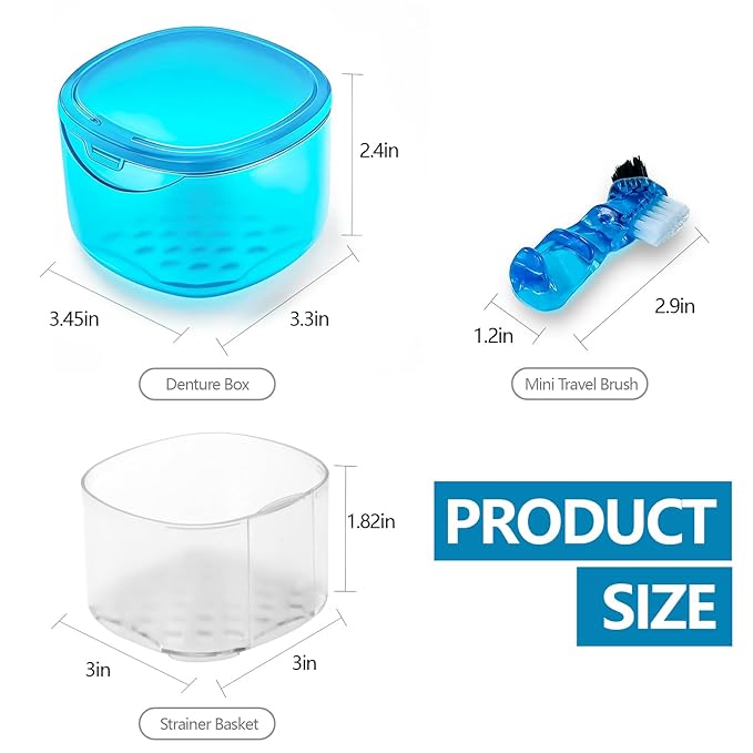 Denture Bath Case Denture Soaking Container with Lid Leak Proof, False Teeth Holder Mouthguard Storage Box Retainer Soaking Case - Transparent Blue