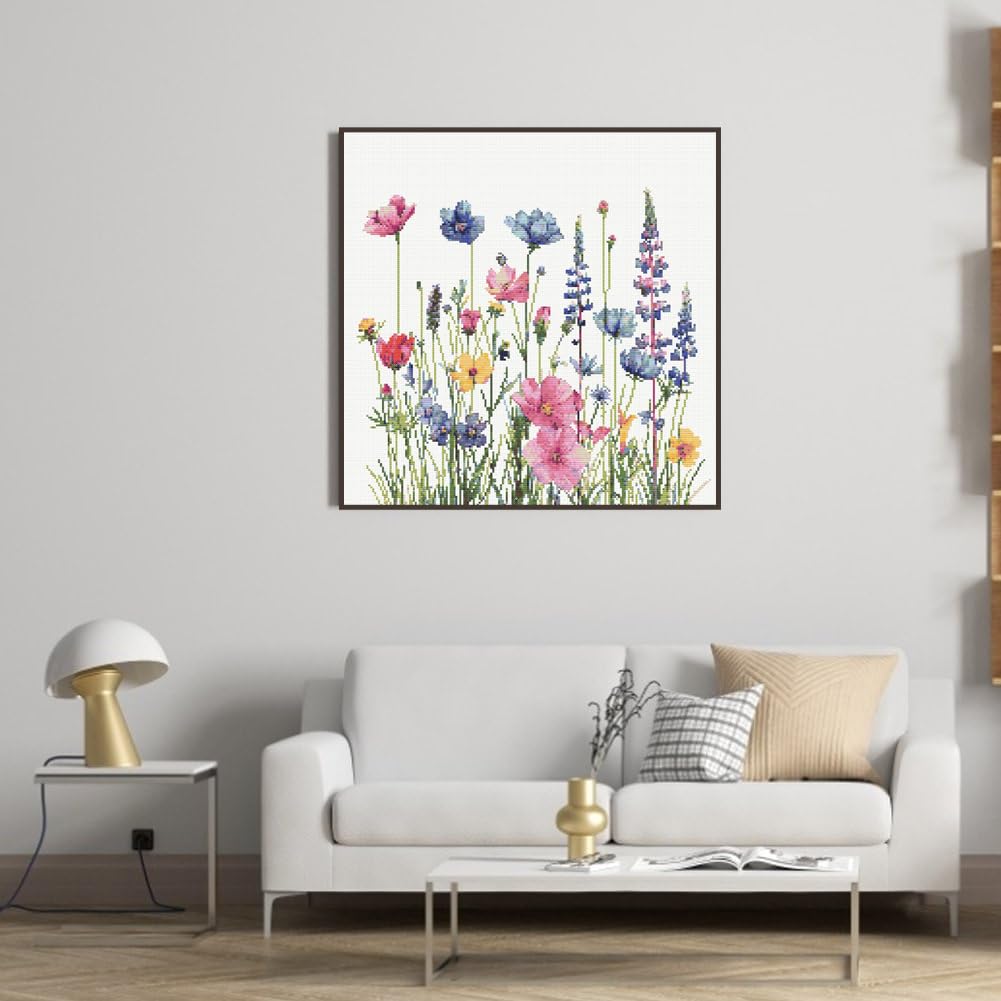 KYOQFVN Flower Stamped Cross Stitch Kits for Adults，11CT Needlepoint Counted Cross Stitch Kits for Beginner，Printed Dimensions - Embroidery Kit Arts and Crafts 14×14 Inch