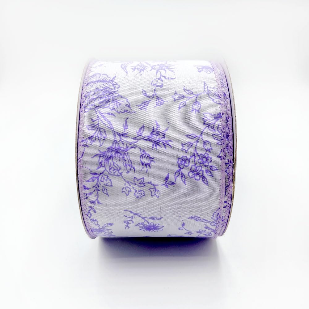 Designer’s Shop Rose Floral on Cream Wired Edge Ribbon 2.5” x 10 Yard for DIY Crafting, Home Décor Flower Arrangement (Lilac Lavender)