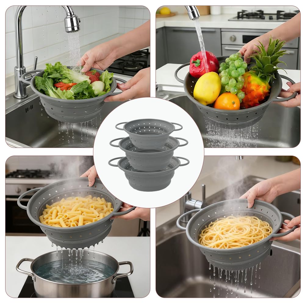 CEYAZYE 3 Pack Collapsible Colander Set, 11&13 Silicone Strainer for Kitchen, Space-Saving Heat-Resistant Fast Draining Basket with Non-Slip Base & Handles, Food Strainer for Pasta, Fruit, Vegetables