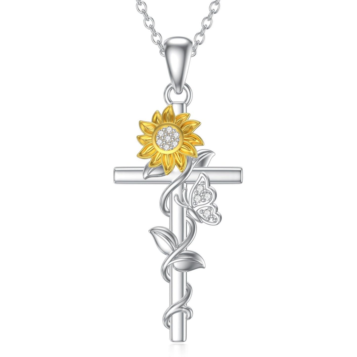 VONALA Cross Necklace 925 Sterling Silver Sunflower Butterfly Jewelry Pendant Sunshine Religious Gift for Women