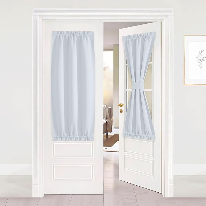 NICETOWN French Door Blackout Curtains, Thermal Insulated Rod Pocket for Kitchen and Patio Doors with Glass Window for Privacy, 25 x 50 Inches Long, 1 Panel with Tieback, Greyish White