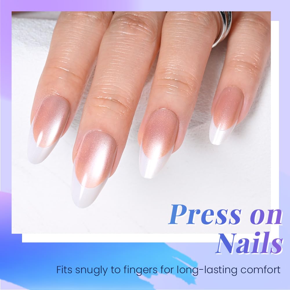 evpct Brown Cat Eye French Tip Press on Nails Almond Medium No Glue, White French Tip Medium Almond Holographic Stick on Nails for Women, Reusable Full Cover Soft Press on Nail Perfectly with Design