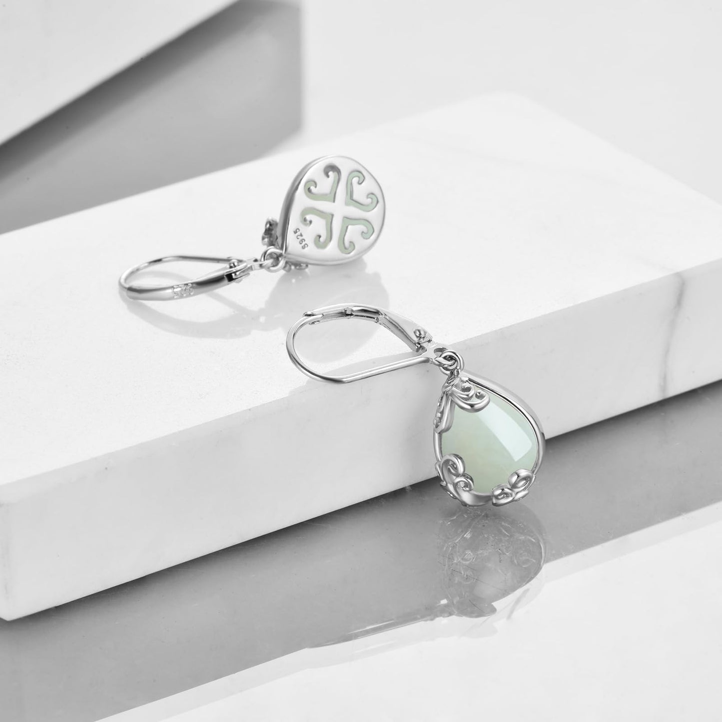 POPLYKE Jade Filigree Teardrop Drop Dangle Earrings Sterling Silver Leverback Earrings Jewelry for Women