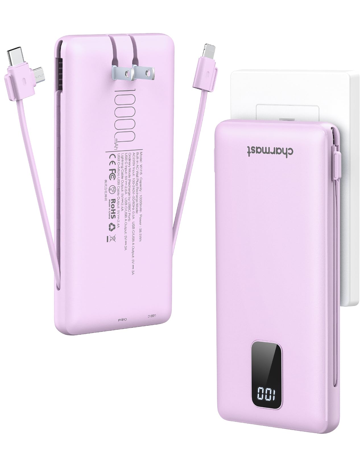 charmast Portable Charger with Built-in Cables & Wall Plug, 10000mAh Portable Power Bank, External Battery Pack Travel Essentials Compatible with iPhone 16/15/14/13, Samsung, iPad etc