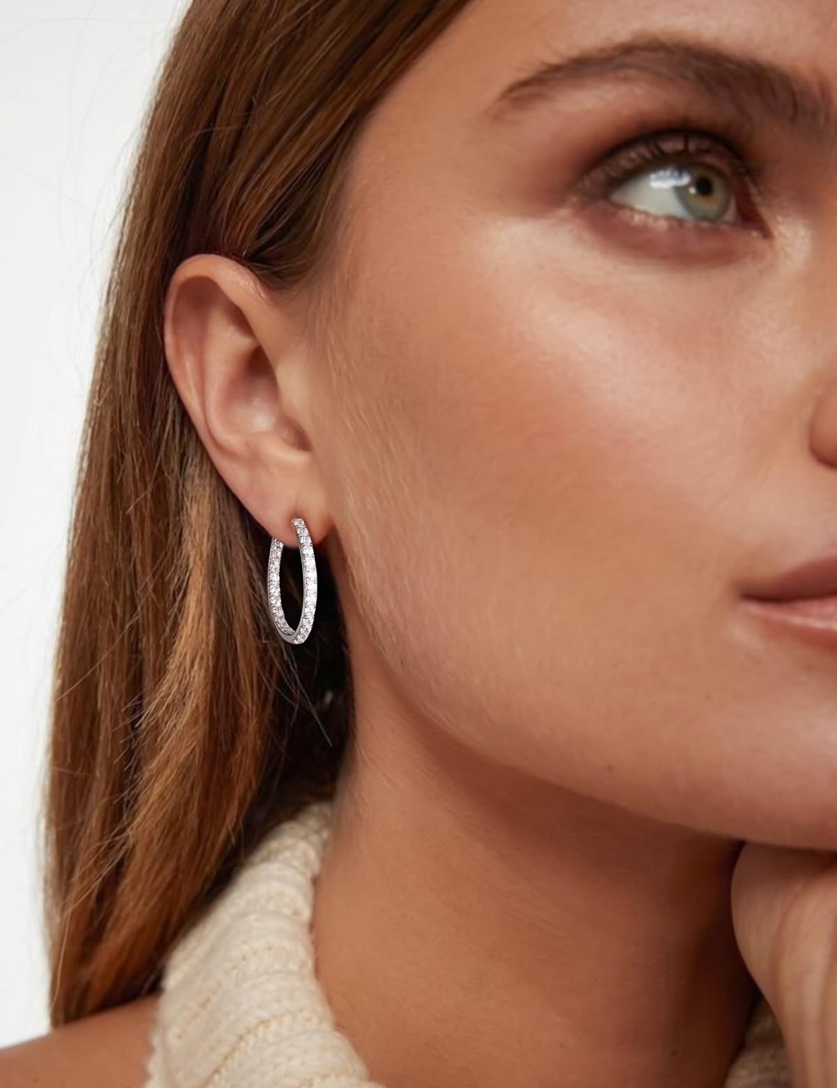 RANDES Sterling Silver Hoop Earrings for Women Cubic Zirconia Hoops 26mm Medium Hoop Earrings CZ Wedding Earring Trendy Jewelry
