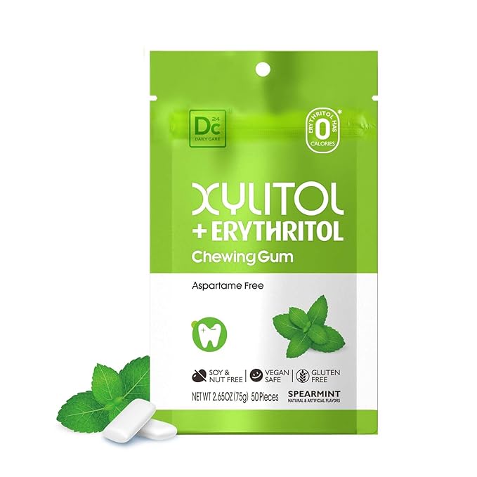 DC24 DAILY CARE Gum, Aspartame Free & Sugar Free, Xylitol Chewing Gum with Erythritol, Low-Calorie, Sugarless, Spearmint, 50 Pieces (Pack of 1)