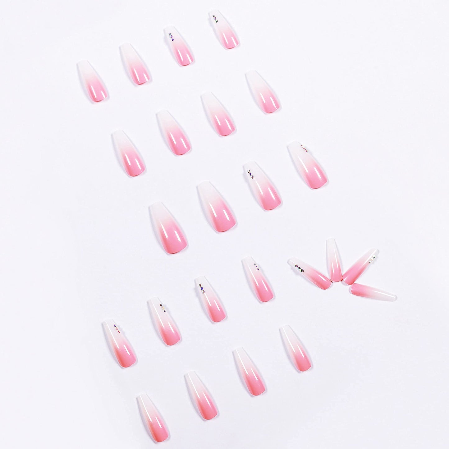 MISUD Press on Nails - Long Coffin Fake Nails with Pink White Ombre, Acrylic Rhinestone Design 24 pcs