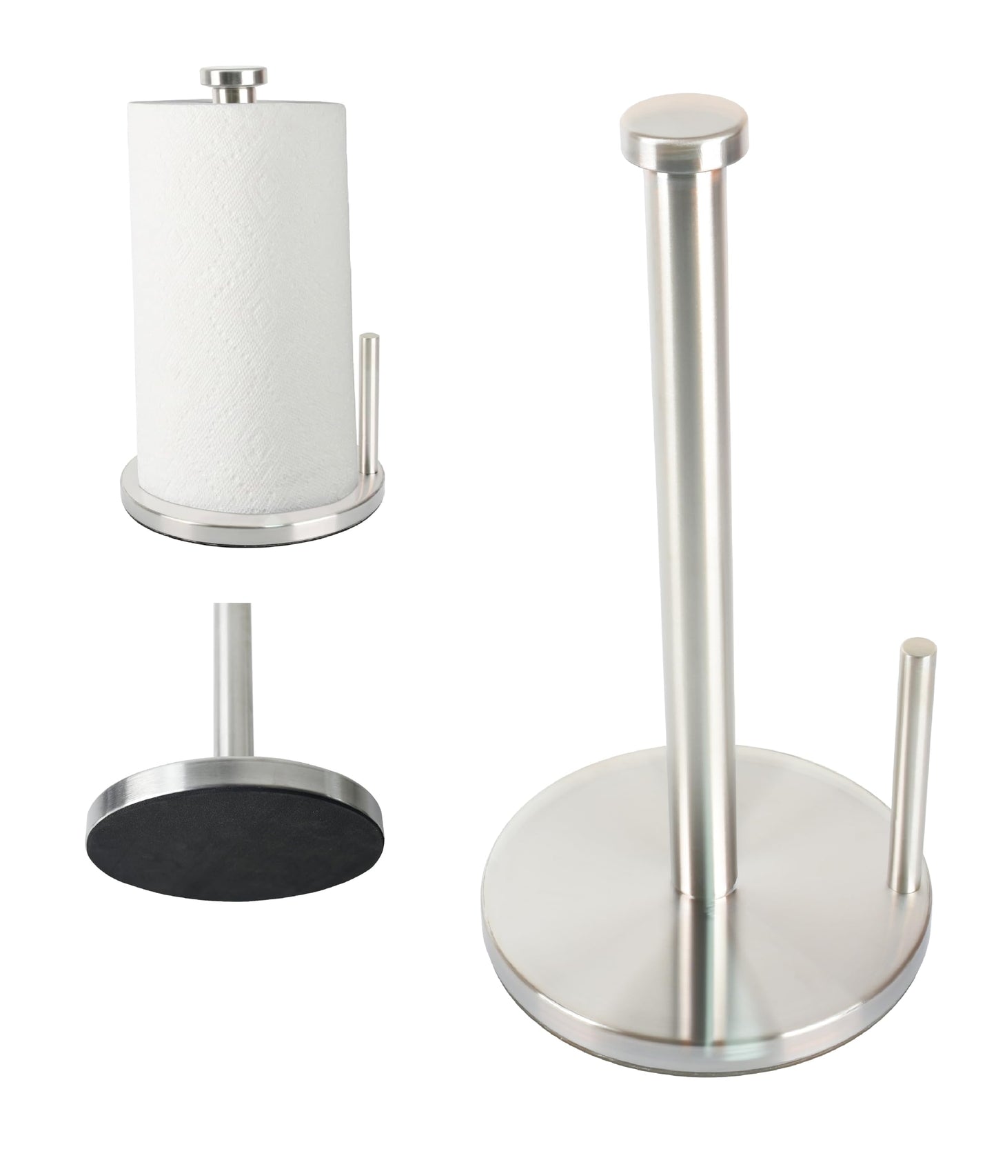 Steelware Central Paper Towel Holder with Side Rod, Stainless Steel, Easy Tear Dispenser for Home Kitchen Countertop Tabletop (Silver)