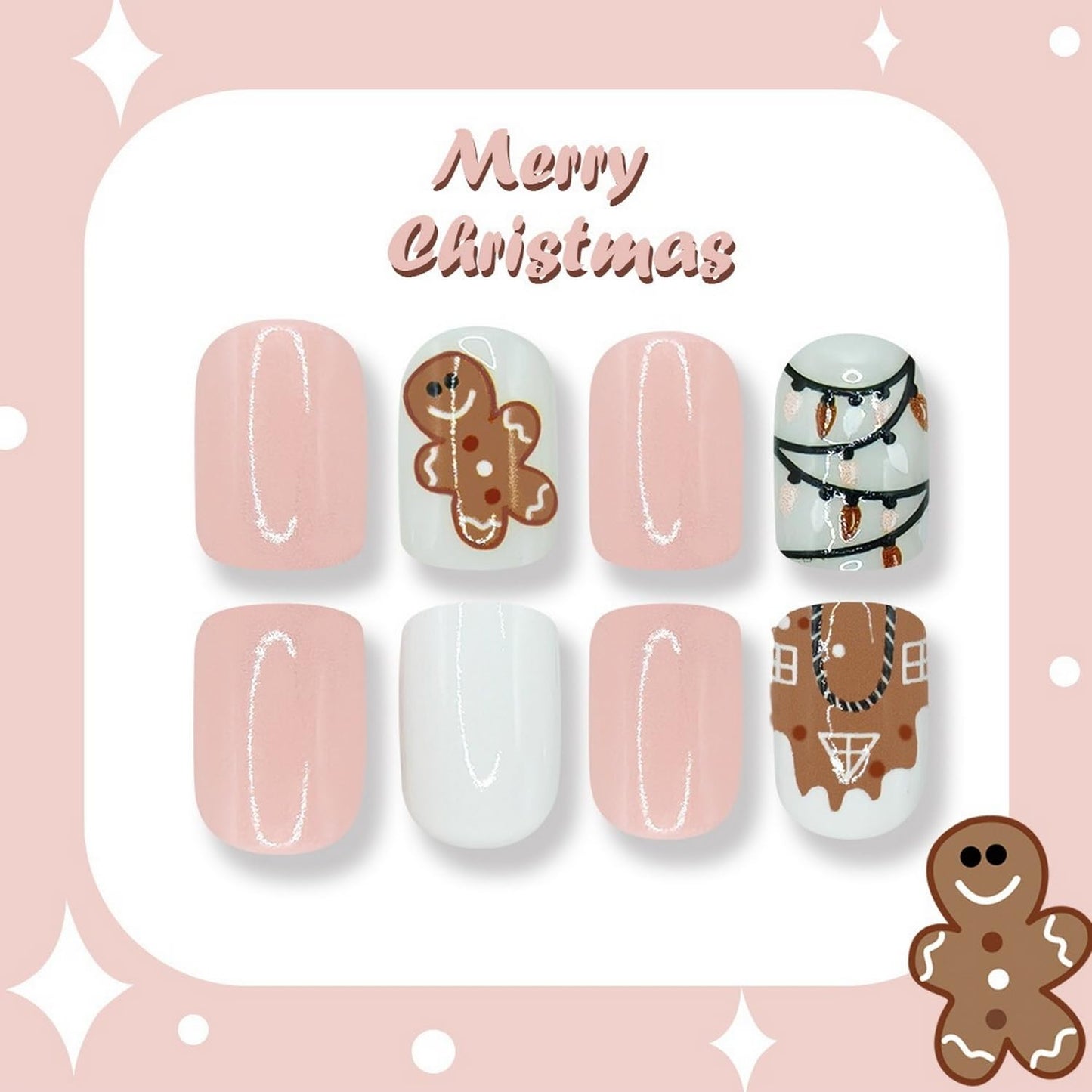Christmas Press on Nails Short Square Gingerbread Man Fake Nails，Cute White Pink Xmas Gingerbread Snowhouse Lantern Acrylic Nails Glue on Glossy Artificial Nail for Women 24 Pcs