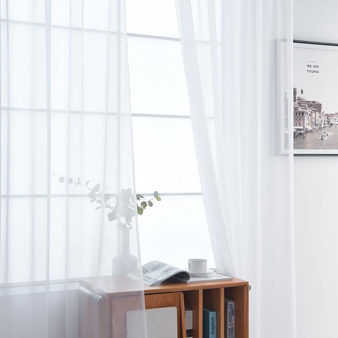 SpaceDresser Basic Rod Pocket Sheer Voile Window Curtain Panels White 1 Pair 2 Panels 42 Width 54 Inch Long for Kitchen Bedroom Children Living Room Yard(White,42 W x 54 L)