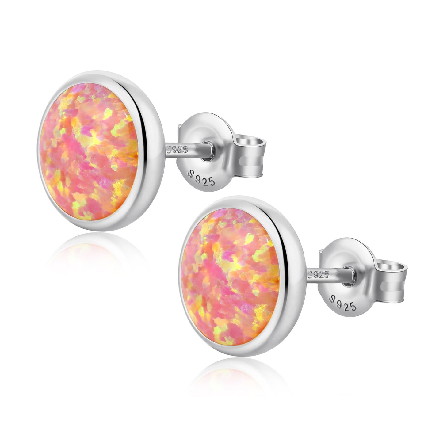 JiayangJY Silver Red Fire Opal Stud Earrings for Women Plated Sterling Silver Round Shape 7mm Opal Earrings with Push Back
