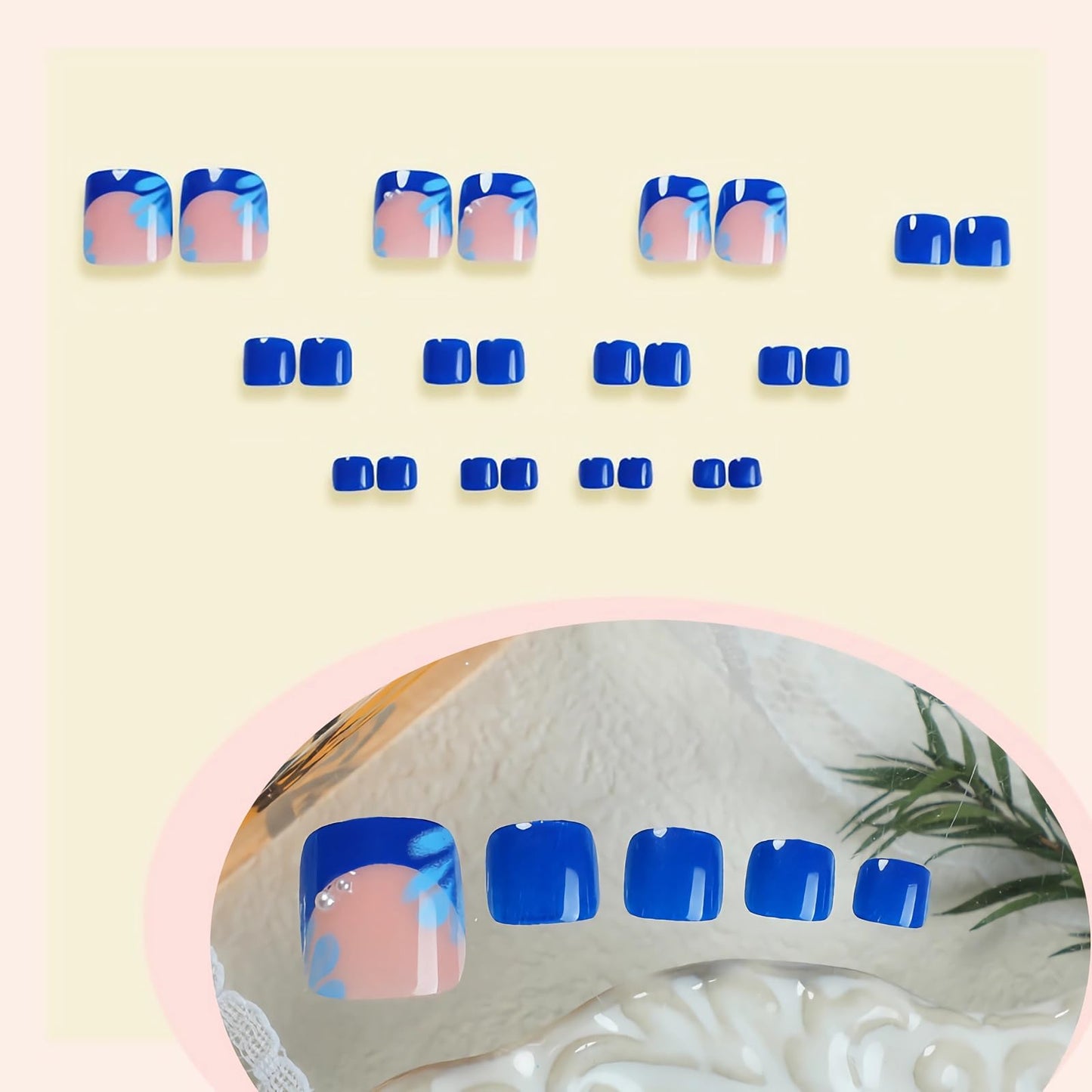 MISUD Press on Toenails - Fake Toe Nails with Royal Blue, Acrylic Toenail Flower Design 24 pcs