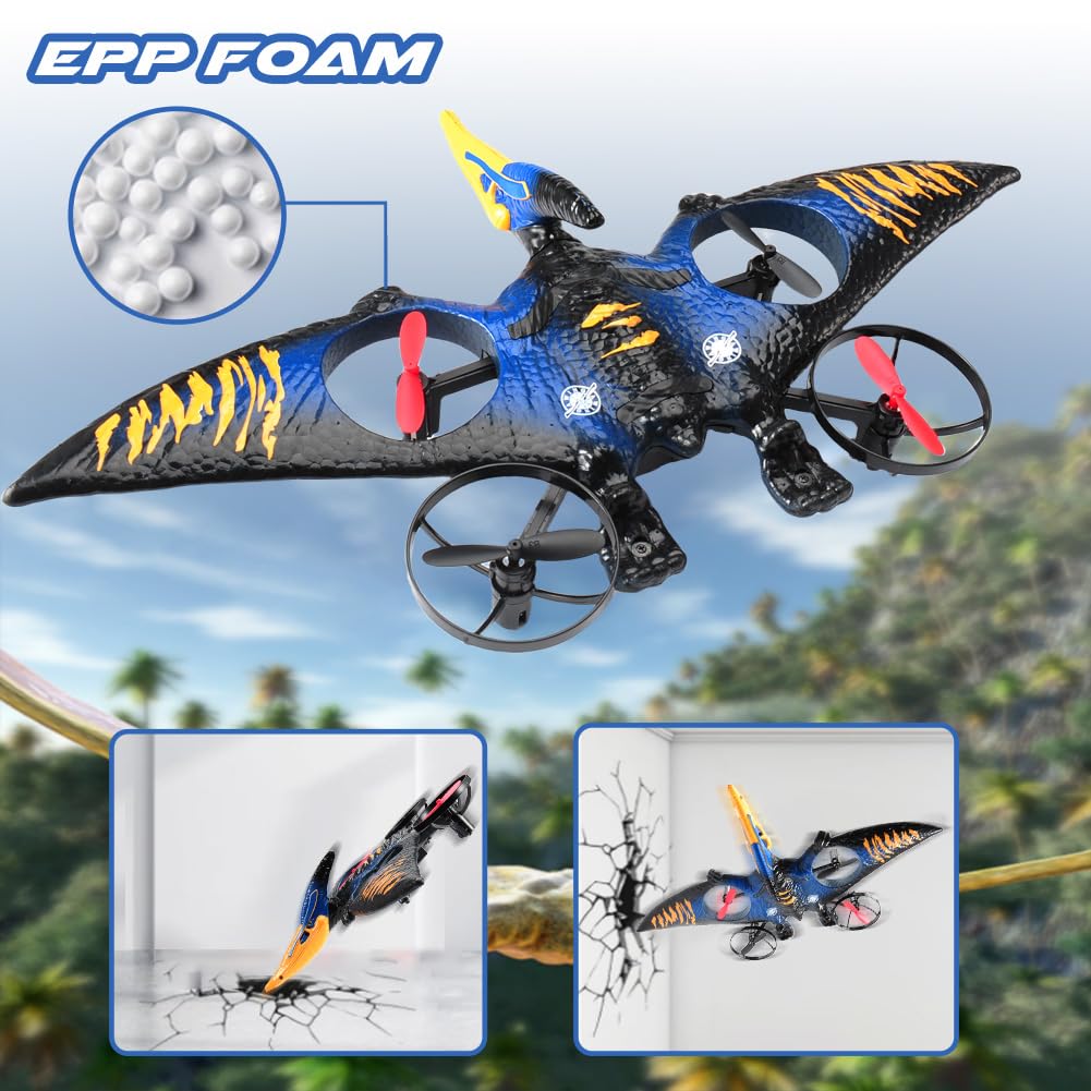 Dinosaur Remote Control Drone, 2.4G EPP Foam RC Pterodactyl Hobby RC Airplanes with 6-Axis Gyro, One Key Takeoff Landing, Stunt Roll & 360 Flip, Fighter Jet Toy Christmas Birthday Gift for Boys Girls
