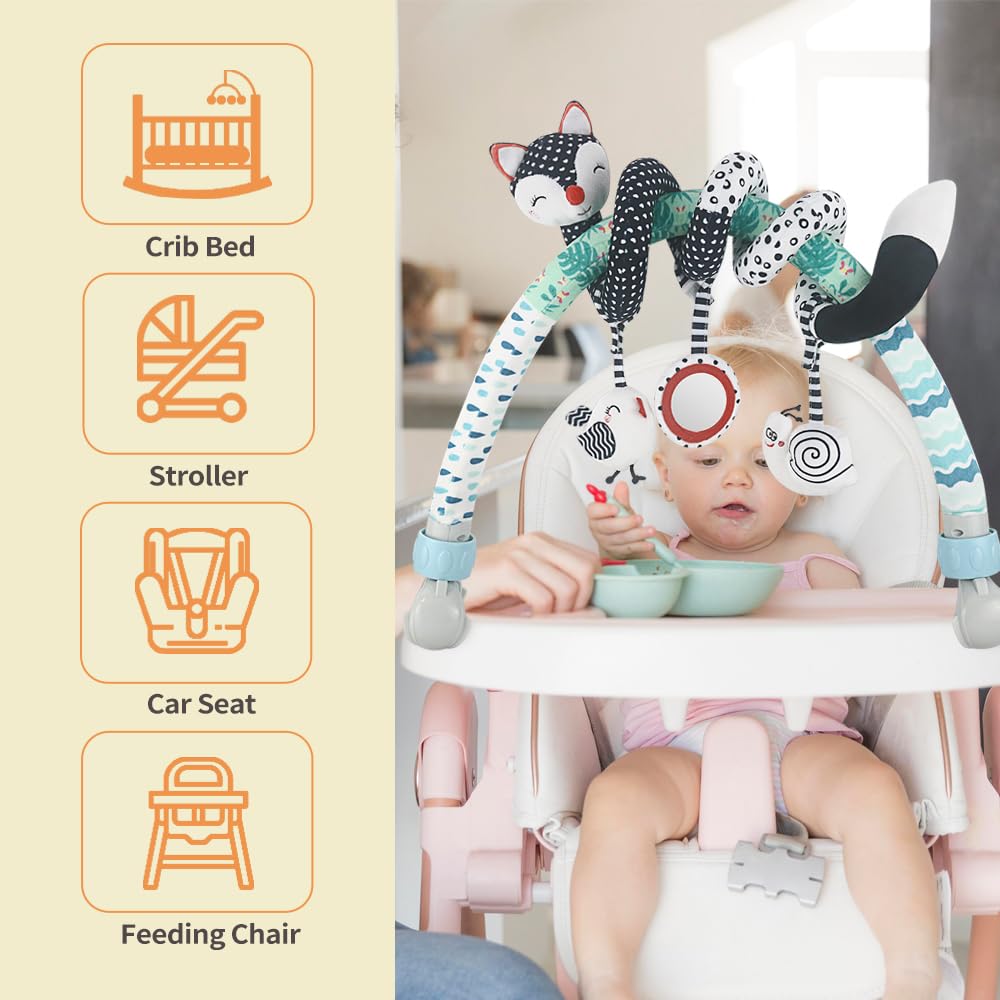 Caterbee Baby Stroller Arch Toys, Black and White Hanging Toy Activity Set, Stretch & Spiral Adjustable Clamp for Cribs & Car Seats, Includes Rattles, Squeaker & Teether for Newborns and Infants (02)