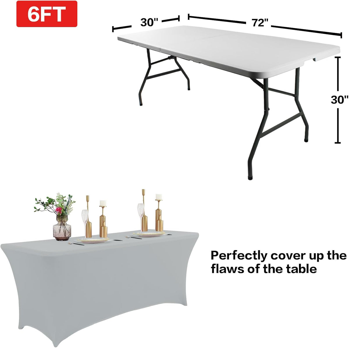 IVAPUPU 2 Pack 8FT Table Cloth for Rectangular Fitted Events Stretch Grey Table Covers Washable Cover Spandex Tablecloth Protector for Party, Wedding, Cocktail, Banquet, Festival