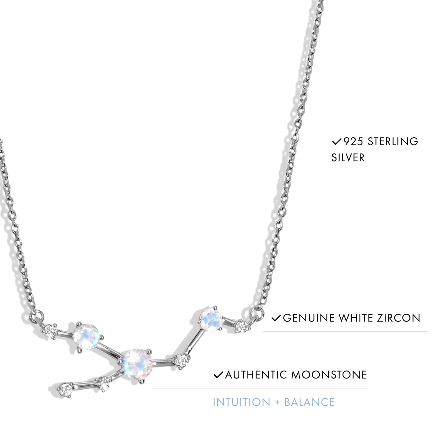 Moon Magic Moonstone Necklace - Taurus Zodiac Constellation / 925 Sterling Silver - 18k Rose Gold - Yellow Gold Rainbow Moonstone Necklaces for Women/Authentic Rainbow Crystal Jewelry