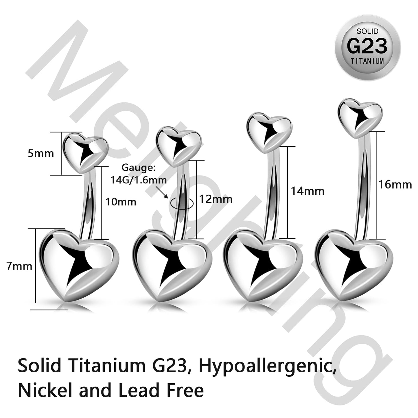 Melighting Titanium Belly Button Ring 14G Heart Belly Ring Internally Threaded G23 Titanium Navel Piercing Hoop Navel Barbell Body Piercing Jewelry 14 mm