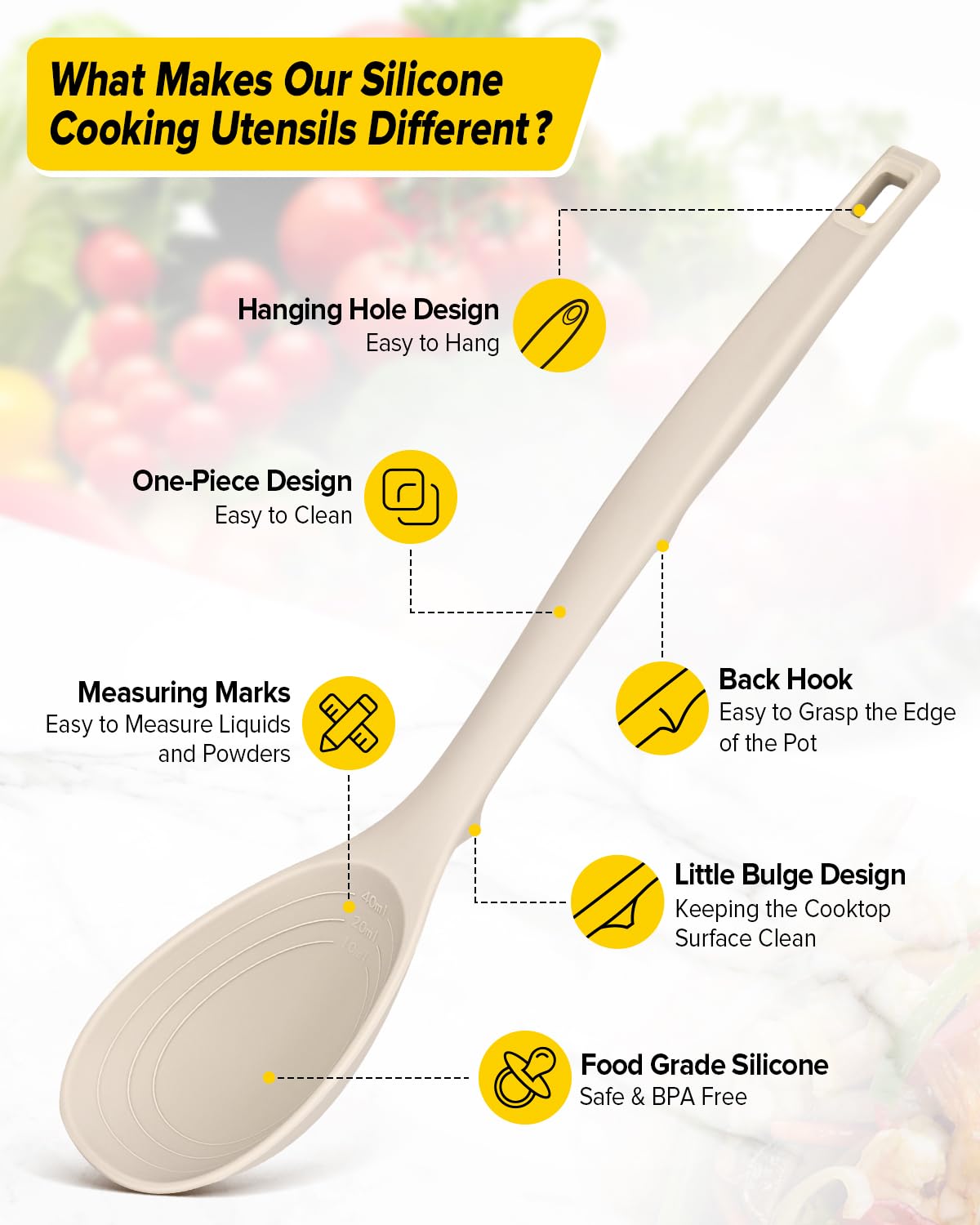 Pack of 2 Silicone Cooking Spoons, Non Stick Solid Kitchen Spoon with Measuring Marks & Back Hooks, Heat Resistant Silicone Slotted Spoon for Cooking, Mixing, Stirring,Serving(KHAKI)