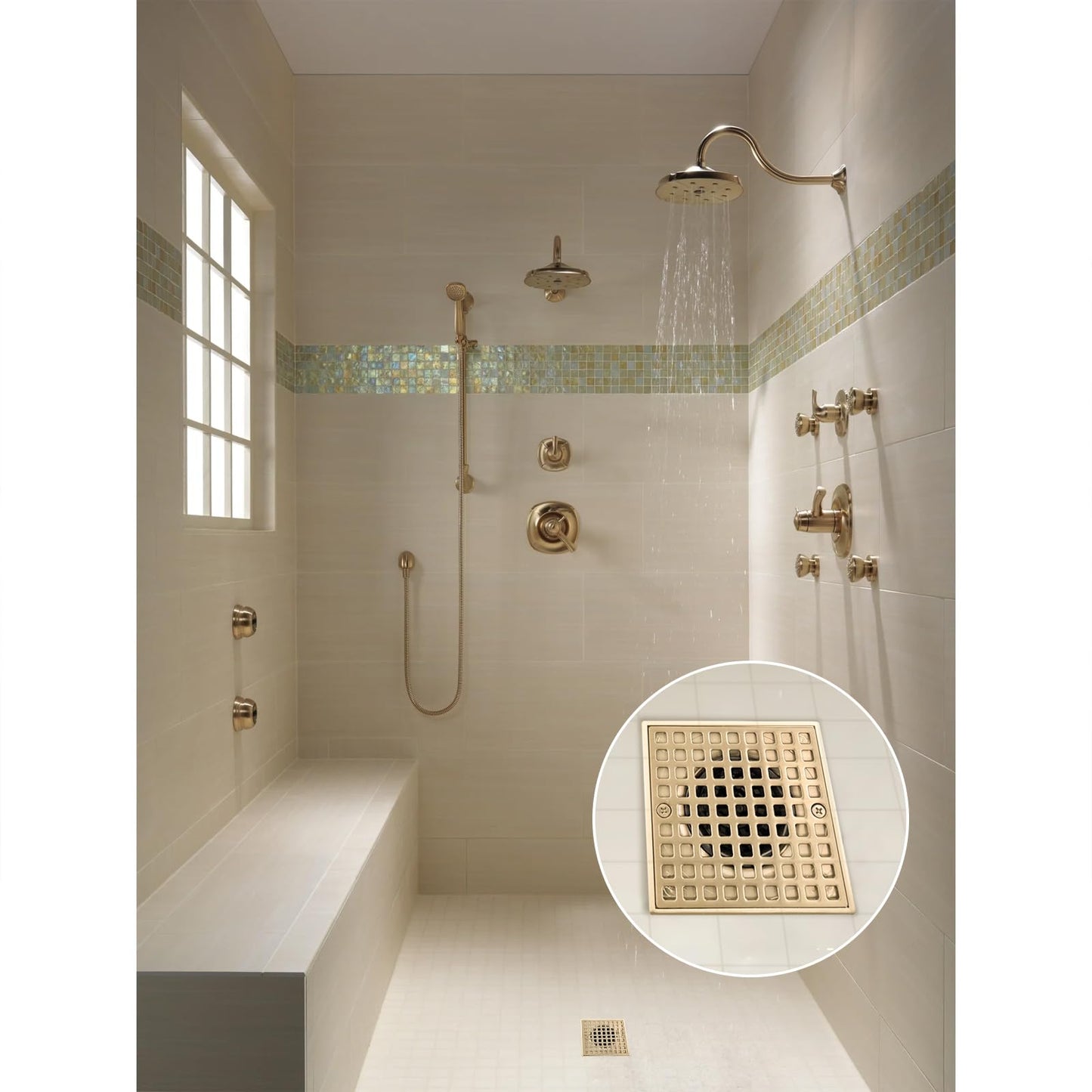 Uni-Green Champagne Bronze Shower Drain 4-1/4 Inch - Square Gold Shower Drain Kit with ABS Flange for 2" or 3" Pipe - Low Profile 304 Stainless Steel Shower Floor Drain Kit with Hair Carcher