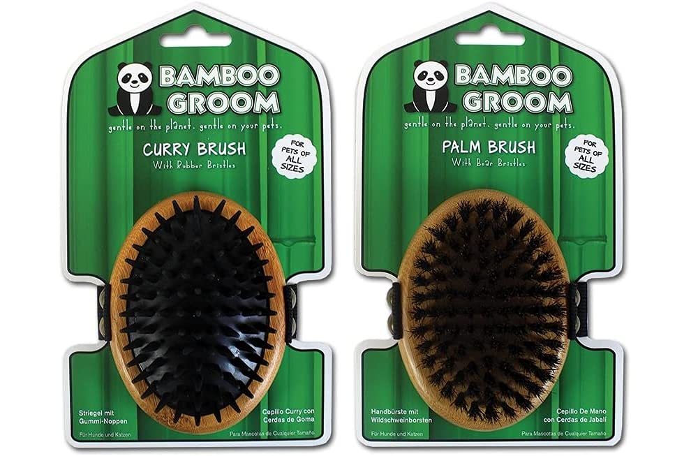 Alcott 2 Piece Bundle of Bamboo Groom Palm-Held Curry Brushes for Pets: Rubber and Boar Bristles